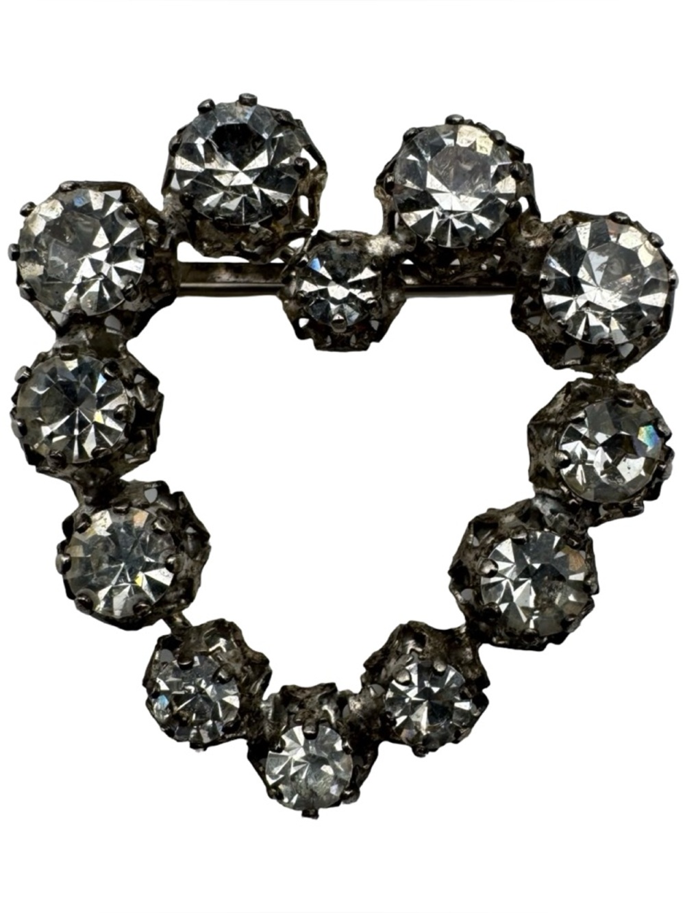 Vintage Austrian Rhinestone Heart Brooch 1” Silver Tone Crystal‎ Pin